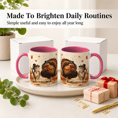 #pl[11oz|Pink] Thanksgiving Cat and Turkey Accent Mug, Mug with Pilgrim Hats