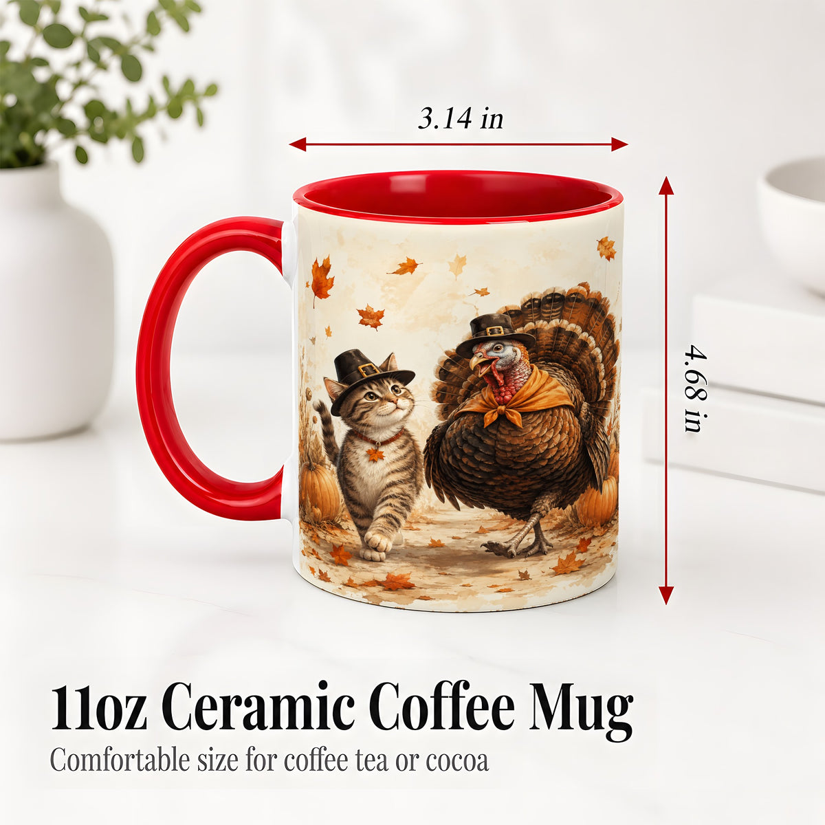 #pl[11oz|Red] Thanksgiving Cat and Turkey Accent Mug, Mug with Pilgrim Hats