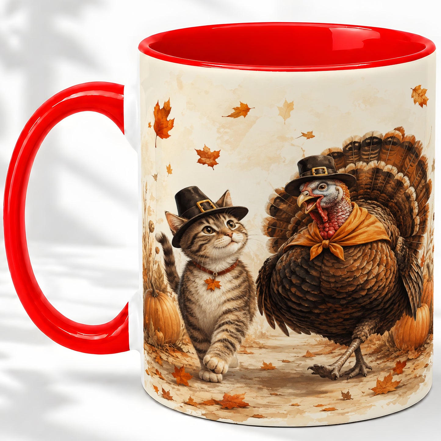 Thanksgiving Cat and Turkey Accent Mug, Mug with Pilgrim Hats