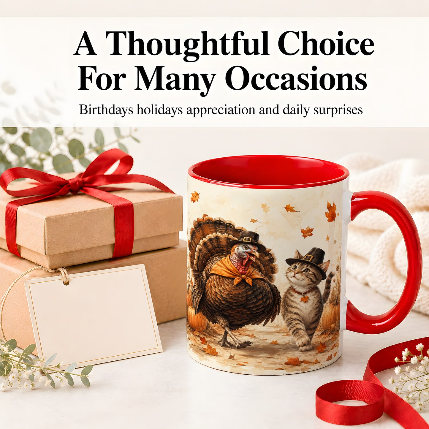 #pl[11oz|Red] Thanksgiving Cat and Turkey Accent Mug, Mug with Pilgrim Hats