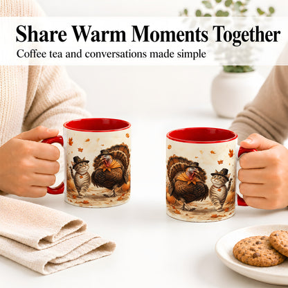 #pl[11oz|Red] Thanksgiving Cat and Turkey Accent Mug, Mug with Pilgrim Hats