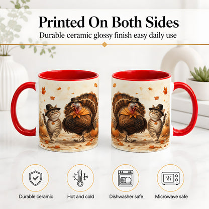 #pl[11oz|Red] Thanksgiving Cat and Turkey Accent Mug, Mug with Pilgrim Hats