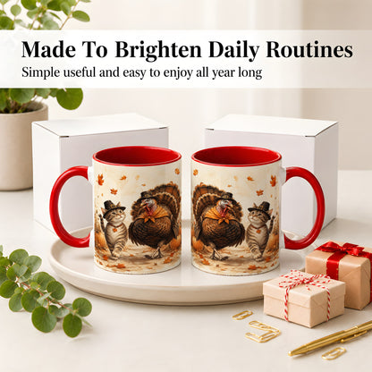 #pl[11oz|Red] Thanksgiving Cat and Turkey Accent Mug, Mug with Pilgrim Hats