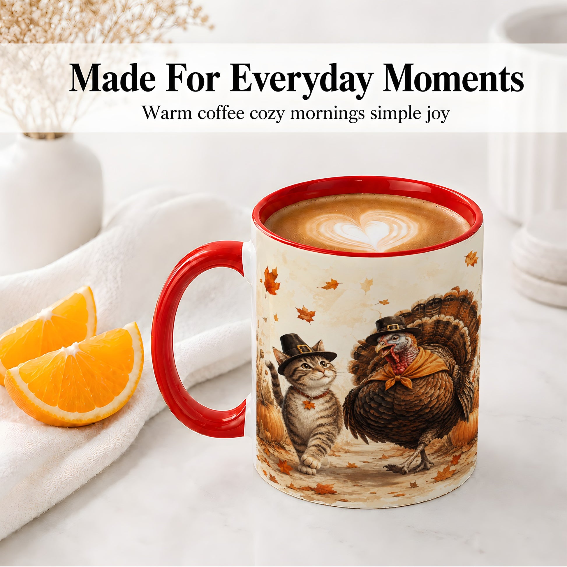 #pl[11oz|Red] Thanksgiving Cat and Turkey Accent Mug, Mug with Pilgrim Hats