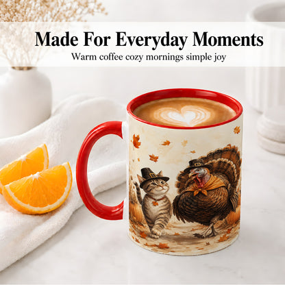 #pl[11oz|Red] Thanksgiving Cat and Turkey Accent Mug, Mug with Pilgrim Hats