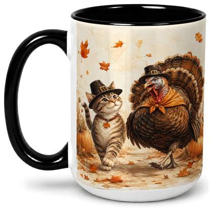 #pl[15oz|Black] Thanksgiving Cat and Turkey Accent Mug, Mug with Pilgrim Hats
