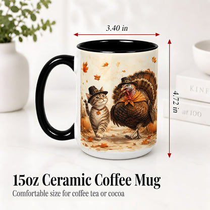 #pl[15oz|Black] Thanksgiving Cat and Turkey Accent Mug, Mug with Pilgrim Hats