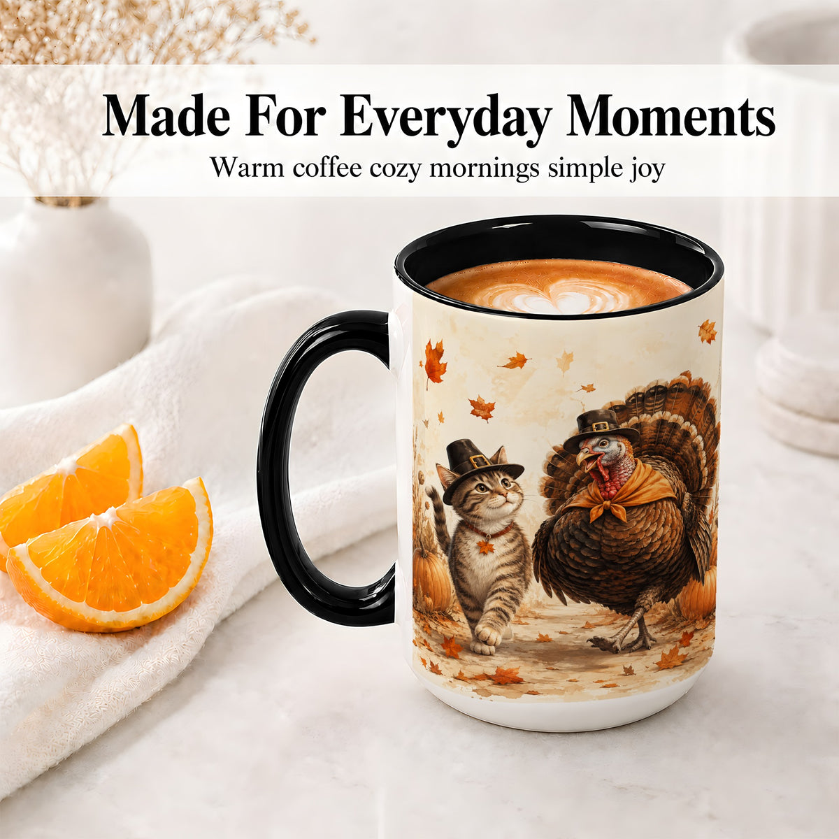 #pl[15oz|Black] Thanksgiving Cat and Turkey Accent Mug, Mug with Pilgrim Hats