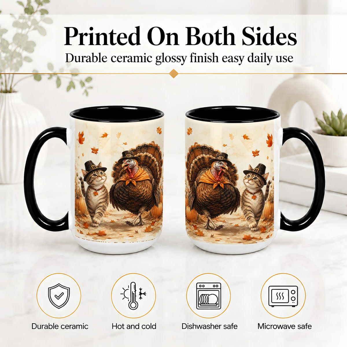 #pl[15oz|Black] Thanksgiving Cat and Turkey Accent Mug, Mug with Pilgrim Hats