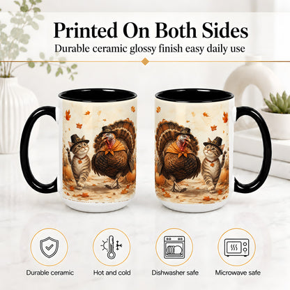 #pl[15oz|Black] Thanksgiving Cat and Turkey Accent Mug, Mug with Pilgrim Hats