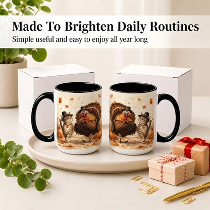#pl[15oz|Black] Thanksgiving Cat and Turkey Accent Mug, Mug with Pilgrim Hats