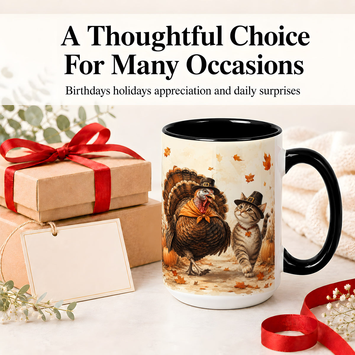 #pl[15oz|Black] Thanksgiving Cat and Turkey Accent Mug, Mug with Pilgrim Hats