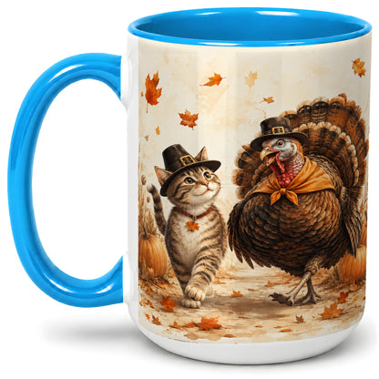 #pl[15oz|Blue] Thanksgiving Cat and Turkey Accent Mug, Mug with Pilgrim Hats