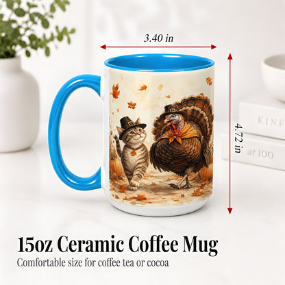 #pl[15oz|Blue] Thanksgiving Cat and Turkey Accent Mug, Mug with Pilgrim Hats