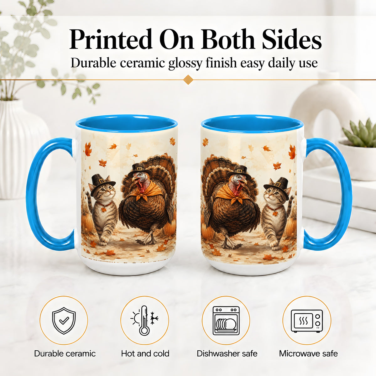 #pl[15oz|Blue] Thanksgiving Cat and Turkey Accent Mug, Mug with Pilgrim Hats