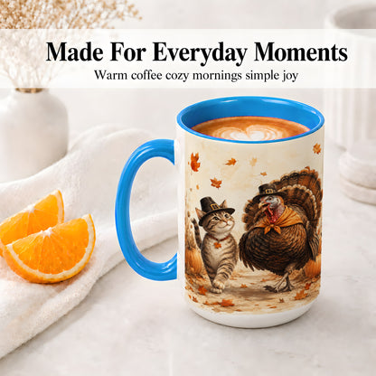 #pl[15oz|Blue] Thanksgiving Cat and Turkey Accent Mug, Mug with Pilgrim Hats