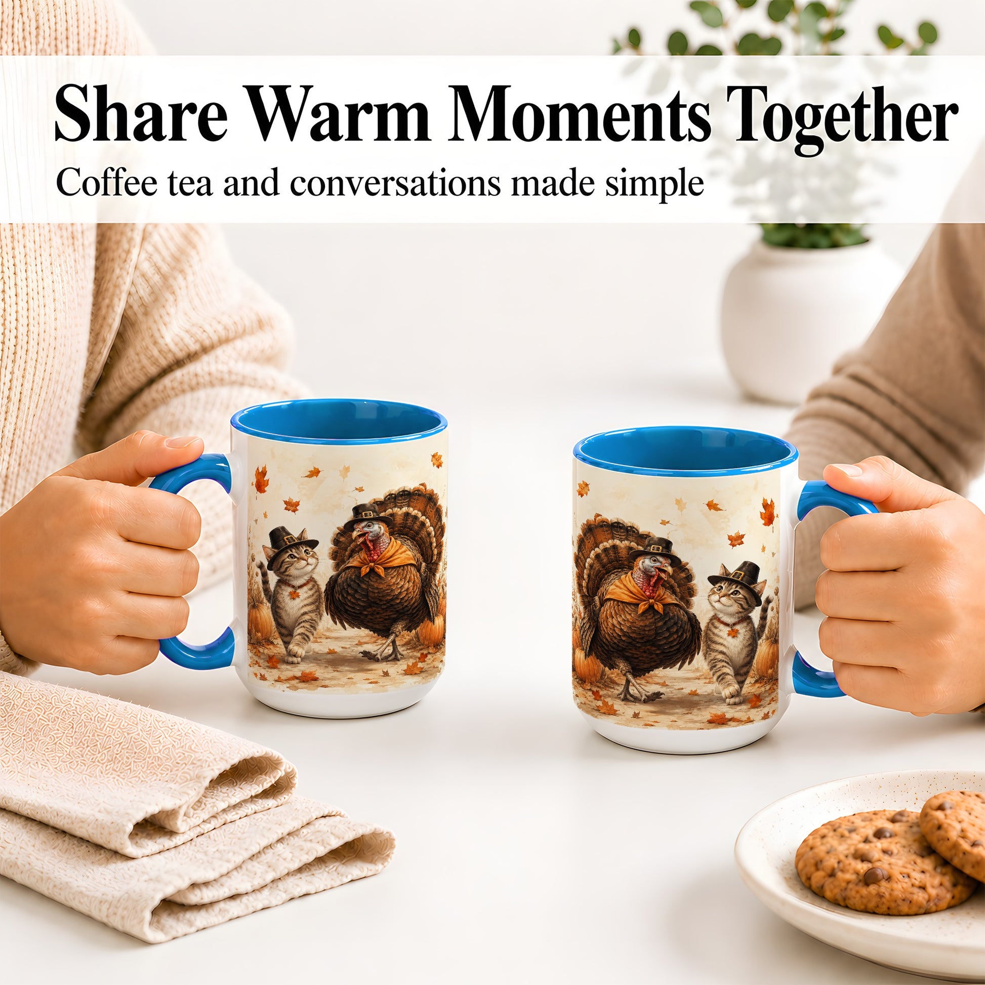 #pl[15oz|Blue] Thanksgiving Cat and Turkey Accent Mug, Mug with Pilgrim Hats