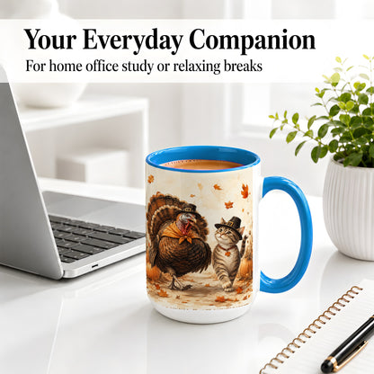 #pl[15oz|Blue] Thanksgiving Cat and Turkey Accent Mug, Mug with Pilgrim Hats