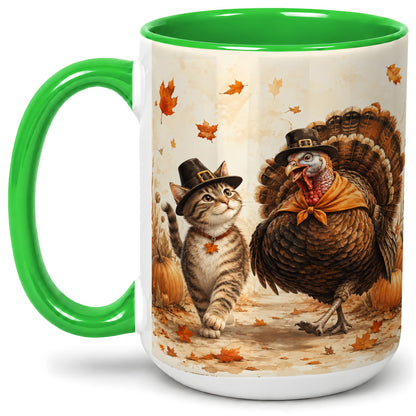 #pl[15oz|Green] Thanksgiving Cat and Turkey Accent Mug, Mug with Pilgrim Hats