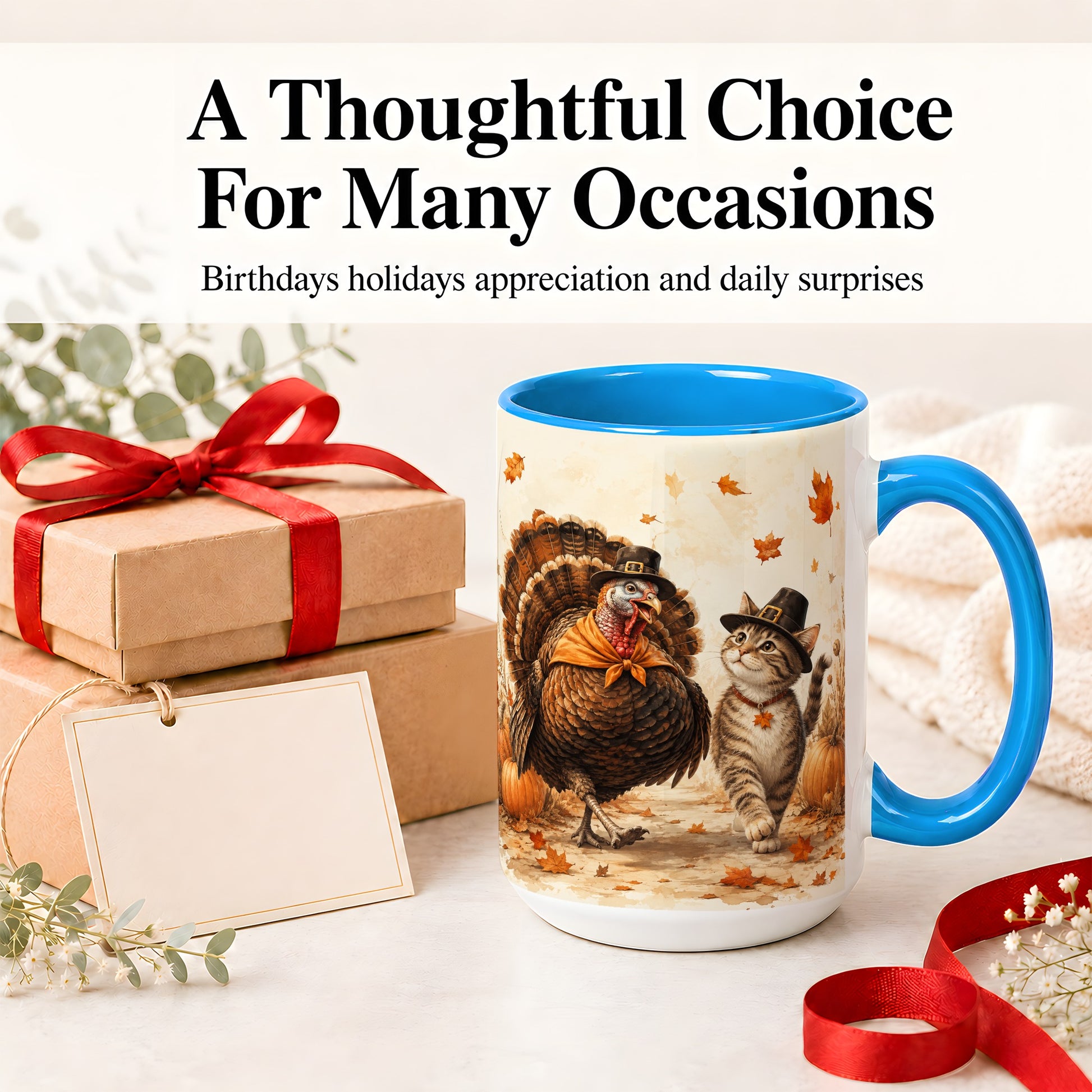 #pl[15oz|Blue] Thanksgiving Cat and Turkey Accent Mug, Mug with Pilgrim Hats