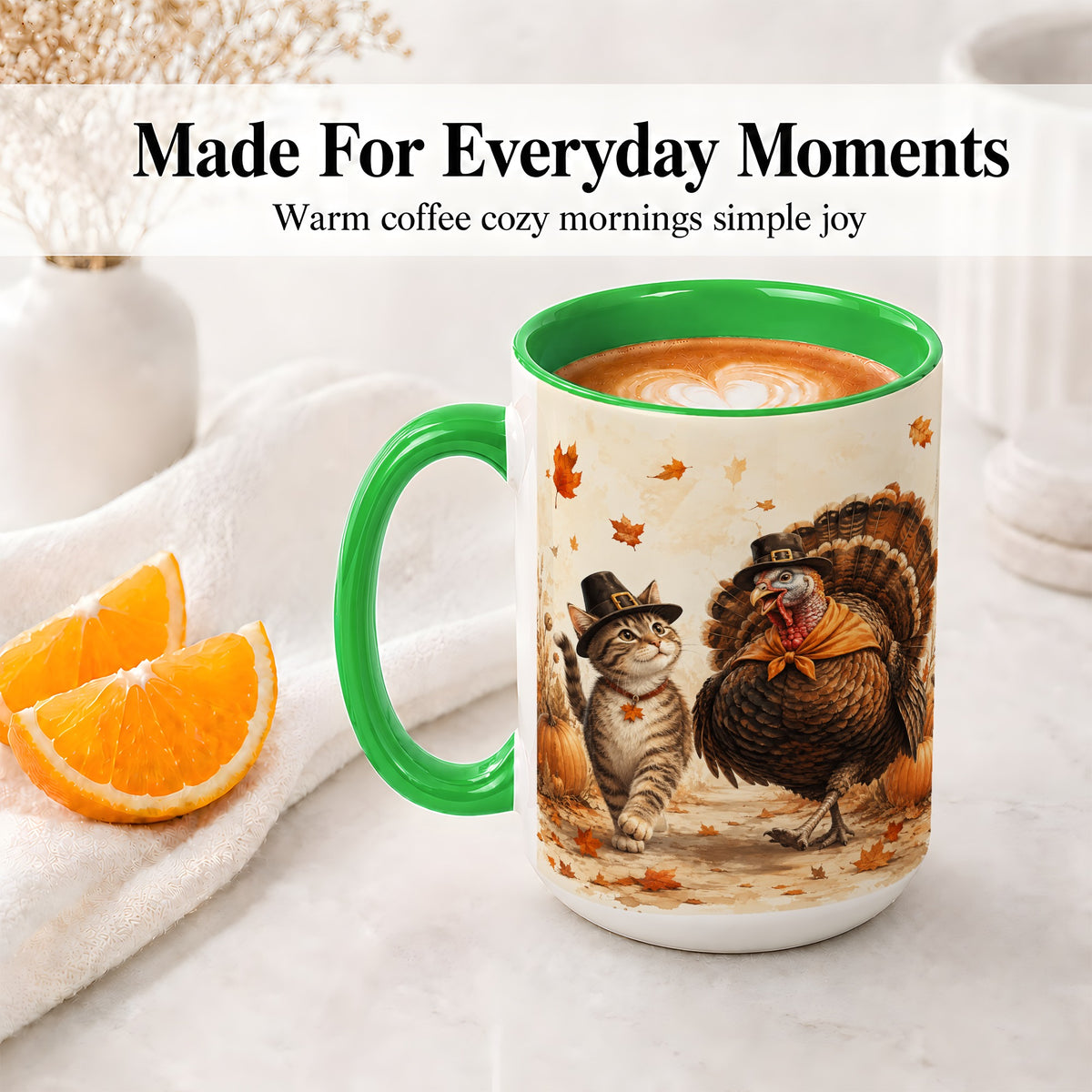 #pl[15oz|Green] Thanksgiving Cat and Turkey Accent Mug, Mug with Pilgrim Hats