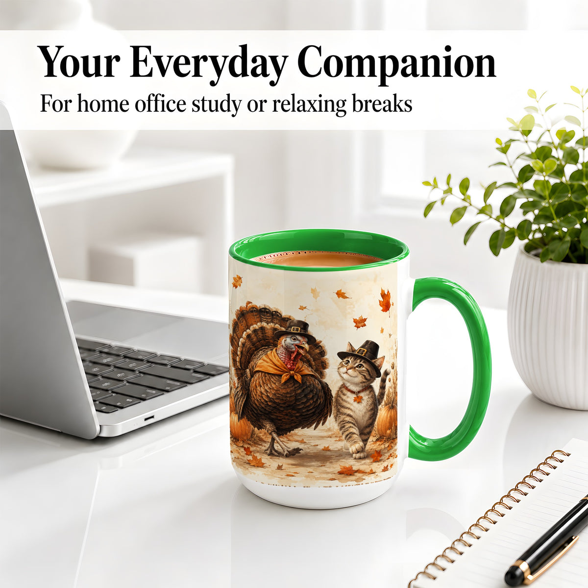 #pl[15oz|Green] Thanksgiving Cat and Turkey Accent Mug, Mug with Pilgrim Hats