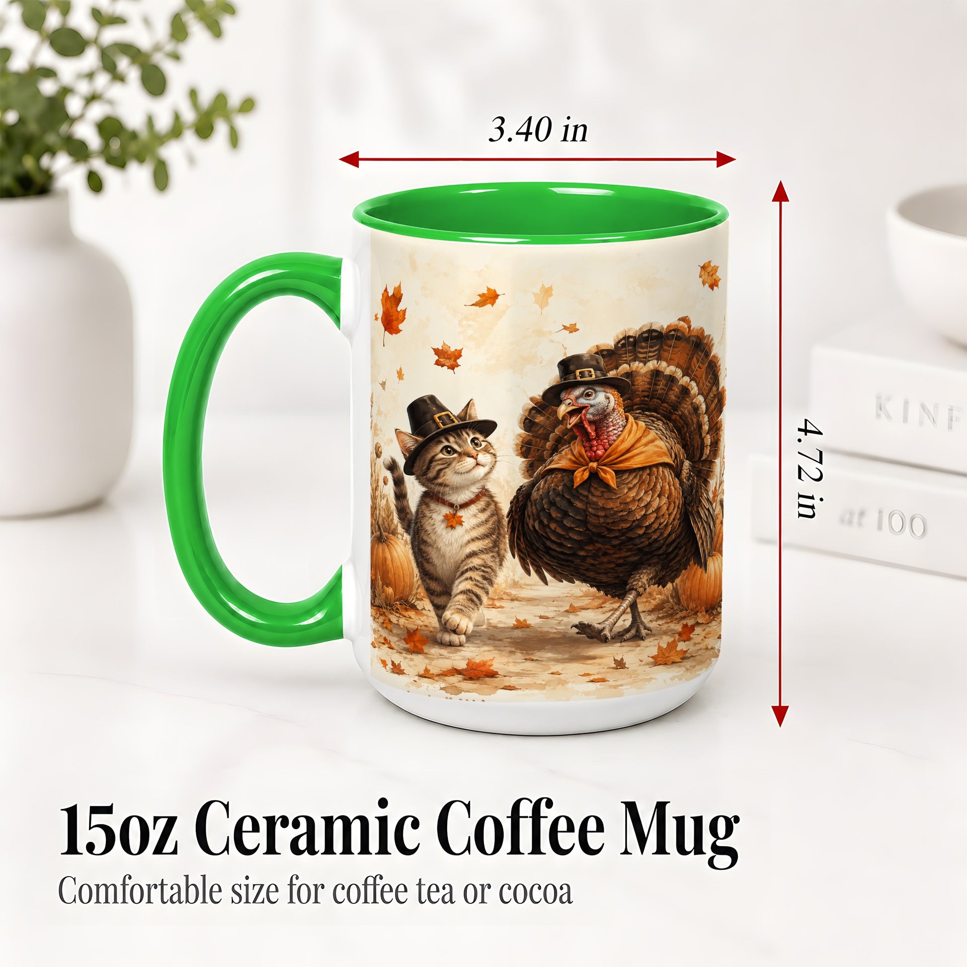 #pl[15oz|Green] Thanksgiving Cat and Turkey Accent Mug, Mug with Pilgrim Hats
