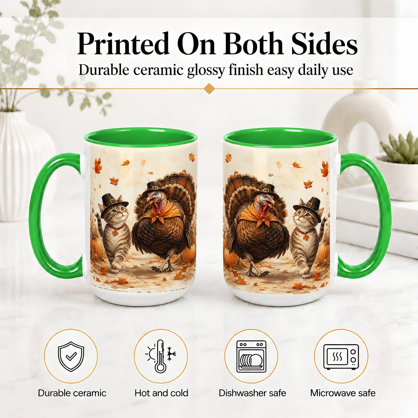 #pl[15oz|Green] Thanksgiving Cat and Turkey Accent Mug, Mug with Pilgrim Hats