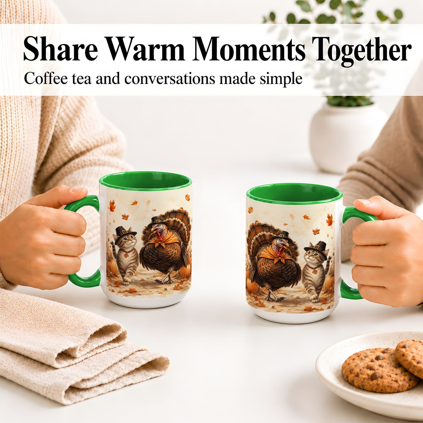 #pl[15oz|Green] Thanksgiving Cat and Turkey Accent Mug, Mug with Pilgrim Hats