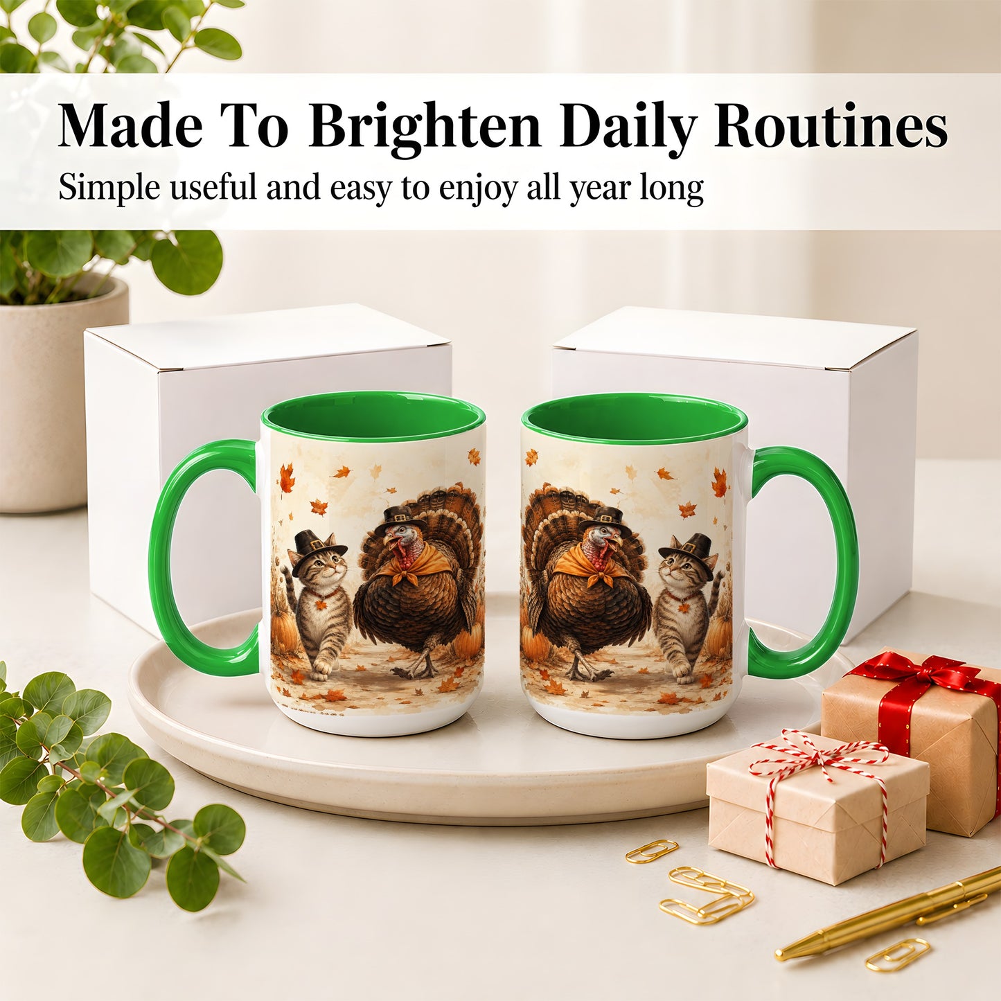 #pl[15oz|Green] Thanksgiving Cat and Turkey Accent Mug, Mug with Pilgrim Hats