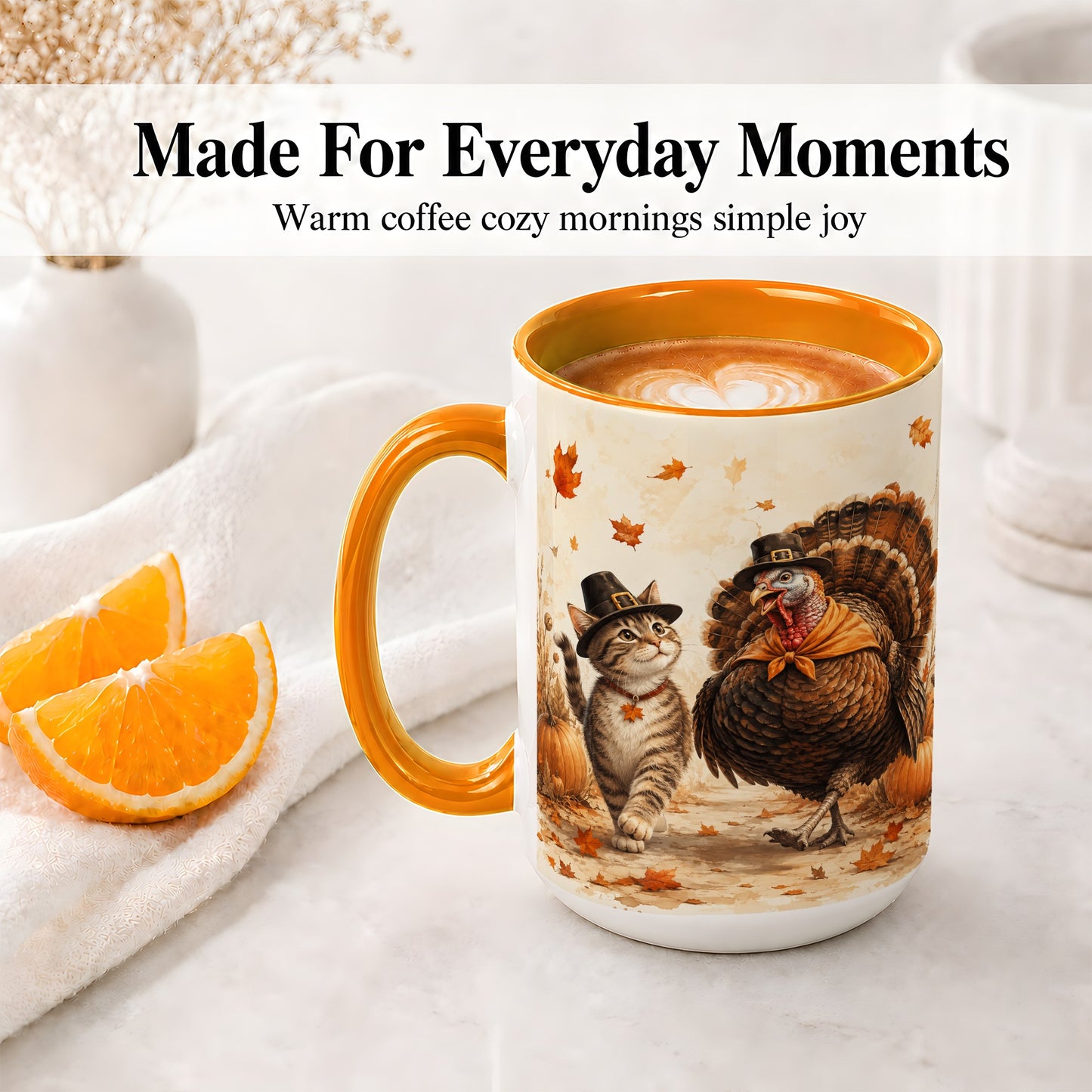 #pl[15oz|Orange] Thanksgiving Cat and Turkey Accent Mug, Mug with Pilgrim Hats