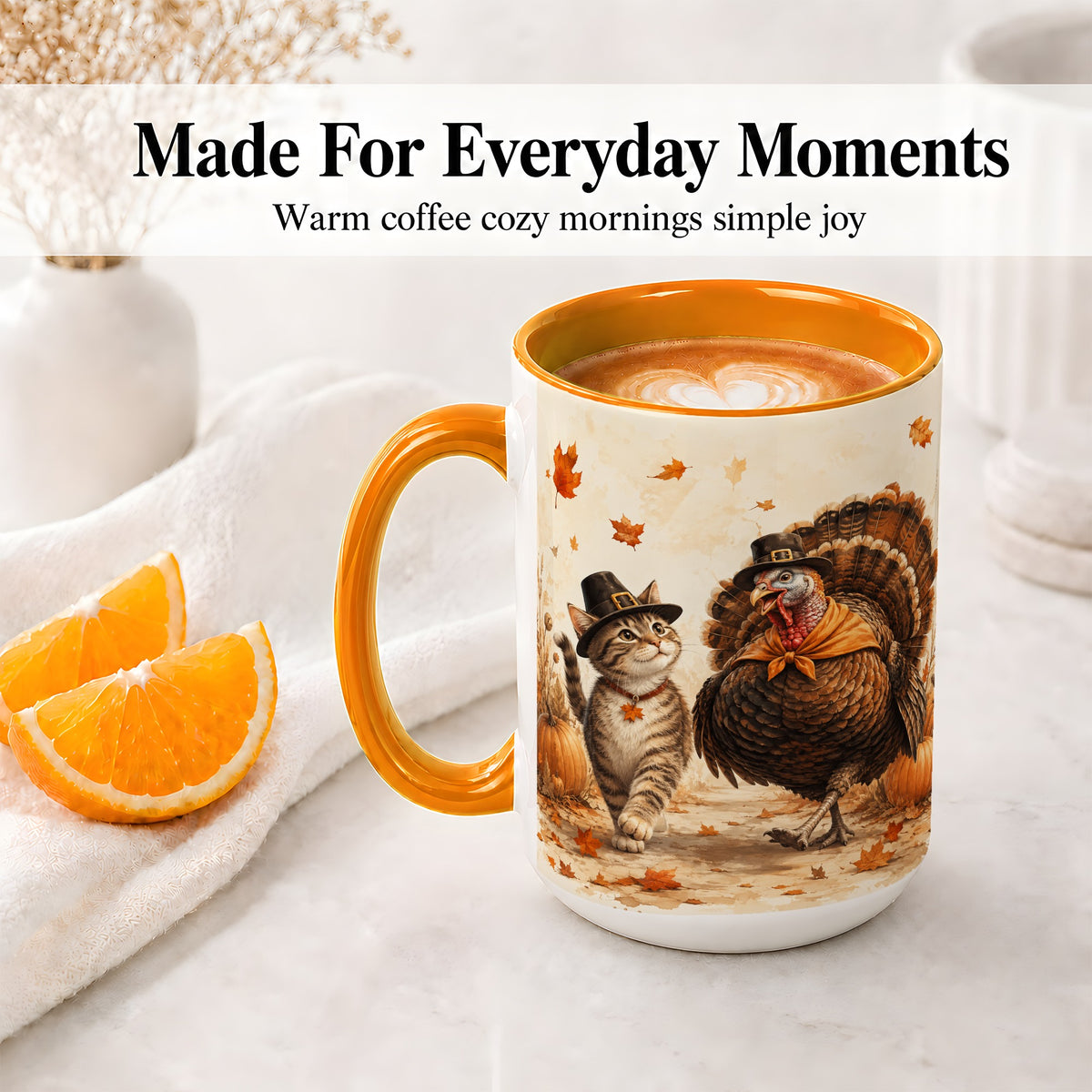 #pl[15oz|Orange] Thanksgiving Cat and Turkey Accent Mug, Mug with Pilgrim Hats