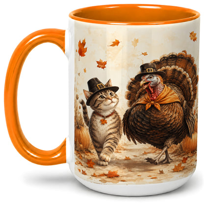 #pl[15oz|Orange] Thanksgiving Cat and Turkey Accent Mug, Mug with Pilgrim Hats