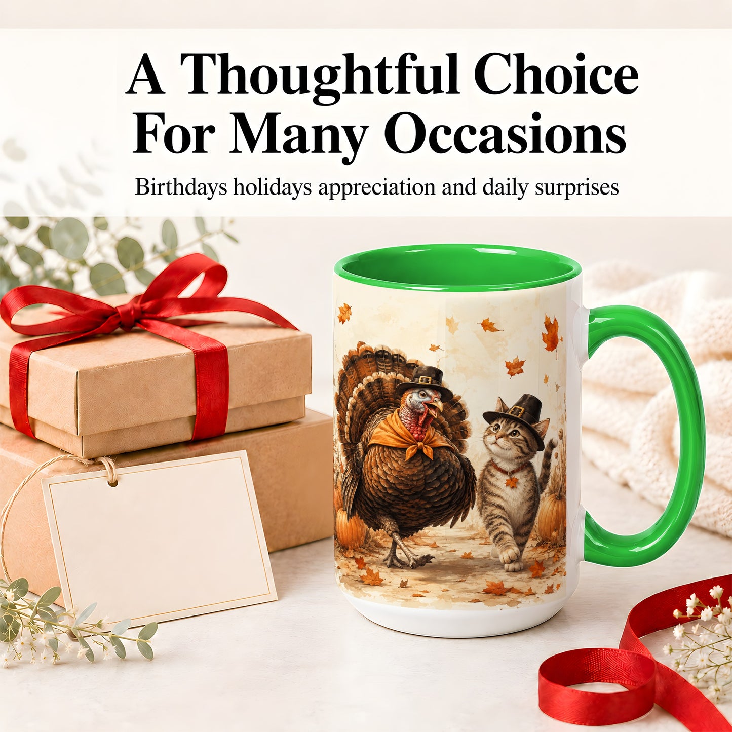 #pl[15oz|Green] Thanksgiving Cat and Turkey Accent Mug, Mug with Pilgrim Hats