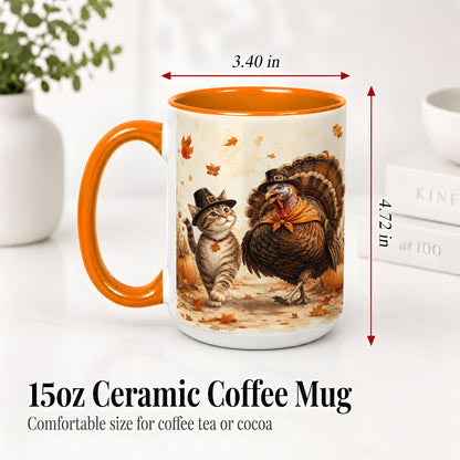 #pl[15oz|Orange] Thanksgiving Cat and Turkey Accent Mug, Mug with Pilgrim Hats