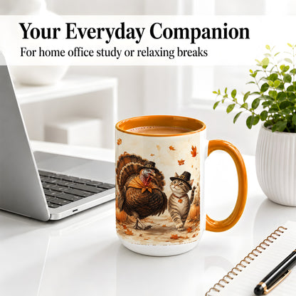 #pl[15oz|Orange] Thanksgiving Cat and Turkey Accent Mug, Mug with Pilgrim Hats