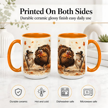 #pl[15oz|Orange] Thanksgiving Cat and Turkey Accent Mug, Mug with Pilgrim Hats