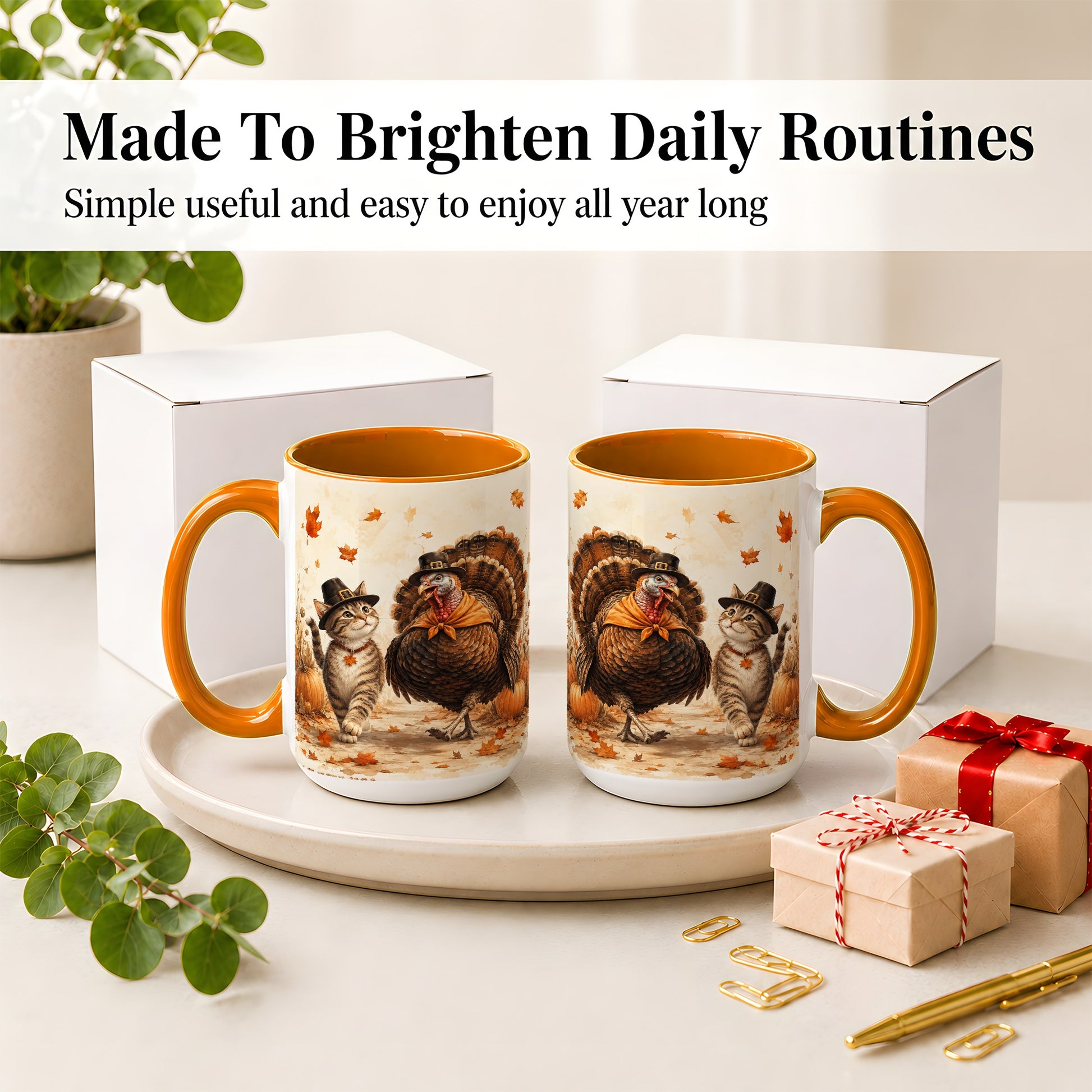 #pl[15oz|Orange] Thanksgiving Cat and Turkey Accent Mug, Mug with Pilgrim Hats