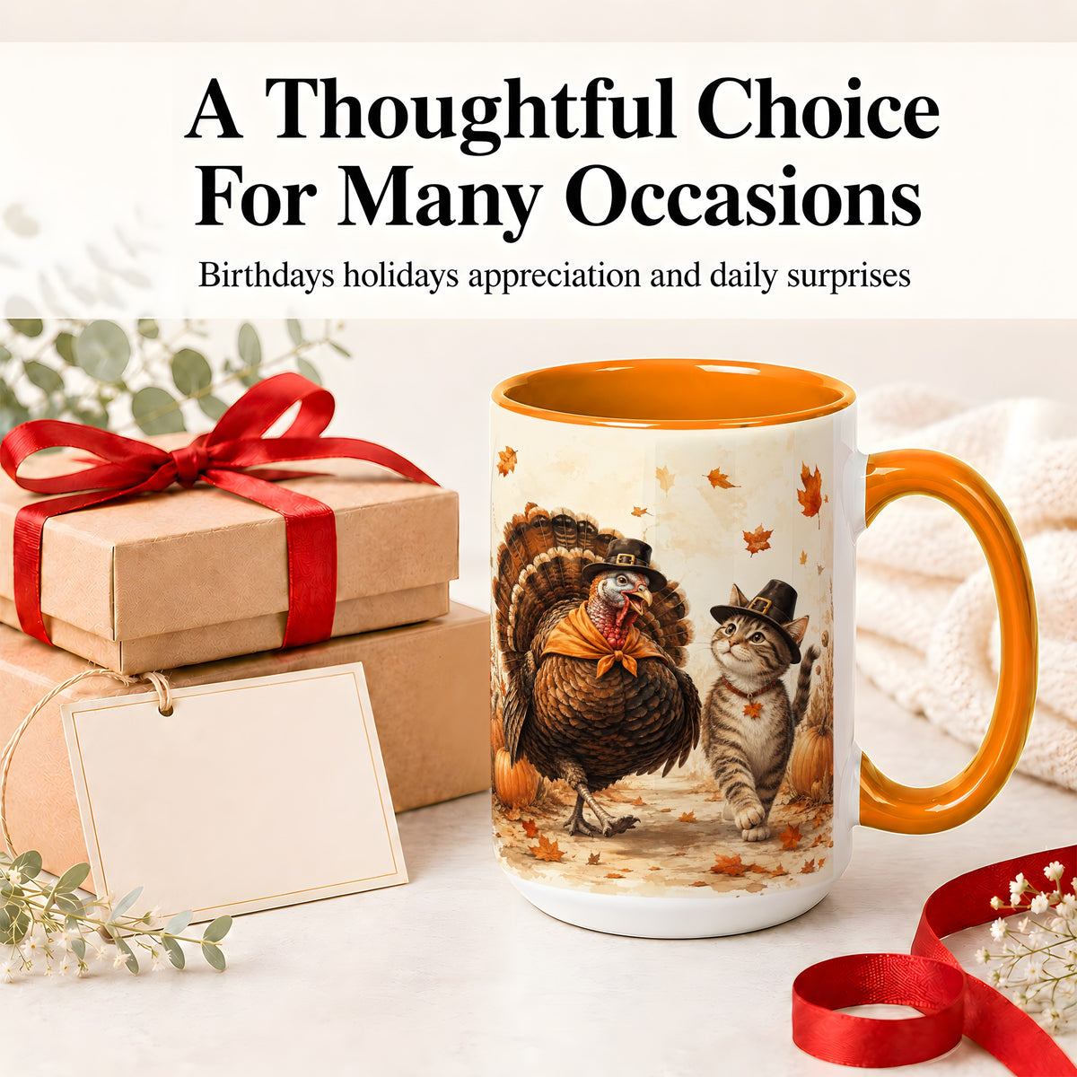 #pl[15oz|Orange] Thanksgiving Cat and Turkey Accent Mug, Mug with Pilgrim Hats