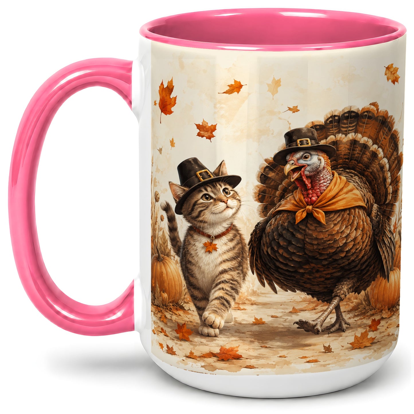 #pl[15oz|Pink] Thanksgiving Cat and Turkey Accent Mug, Mug with Pilgrim Hats