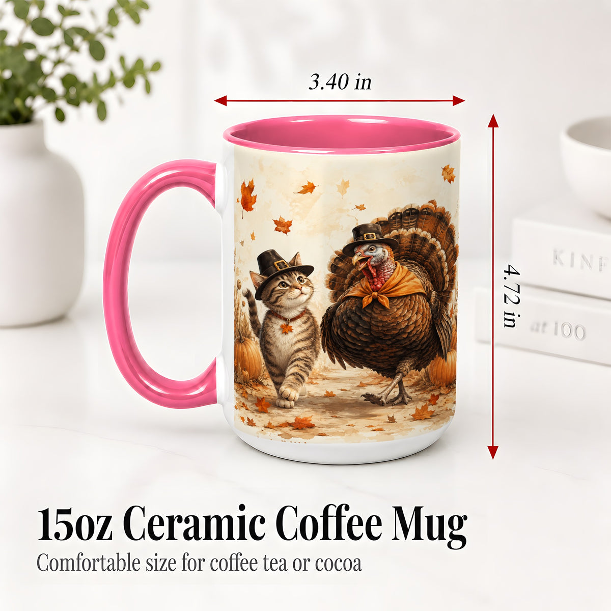 #pl[15oz|Pink] Thanksgiving Cat and Turkey Accent Mug, Mug with Pilgrim Hats