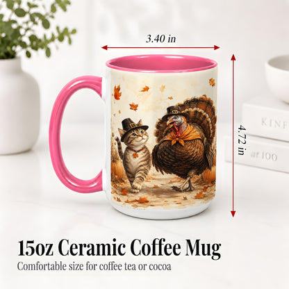 #pl[15oz|Pink] Thanksgiving Cat and Turkey Accent Mug, Mug with Pilgrim Hats