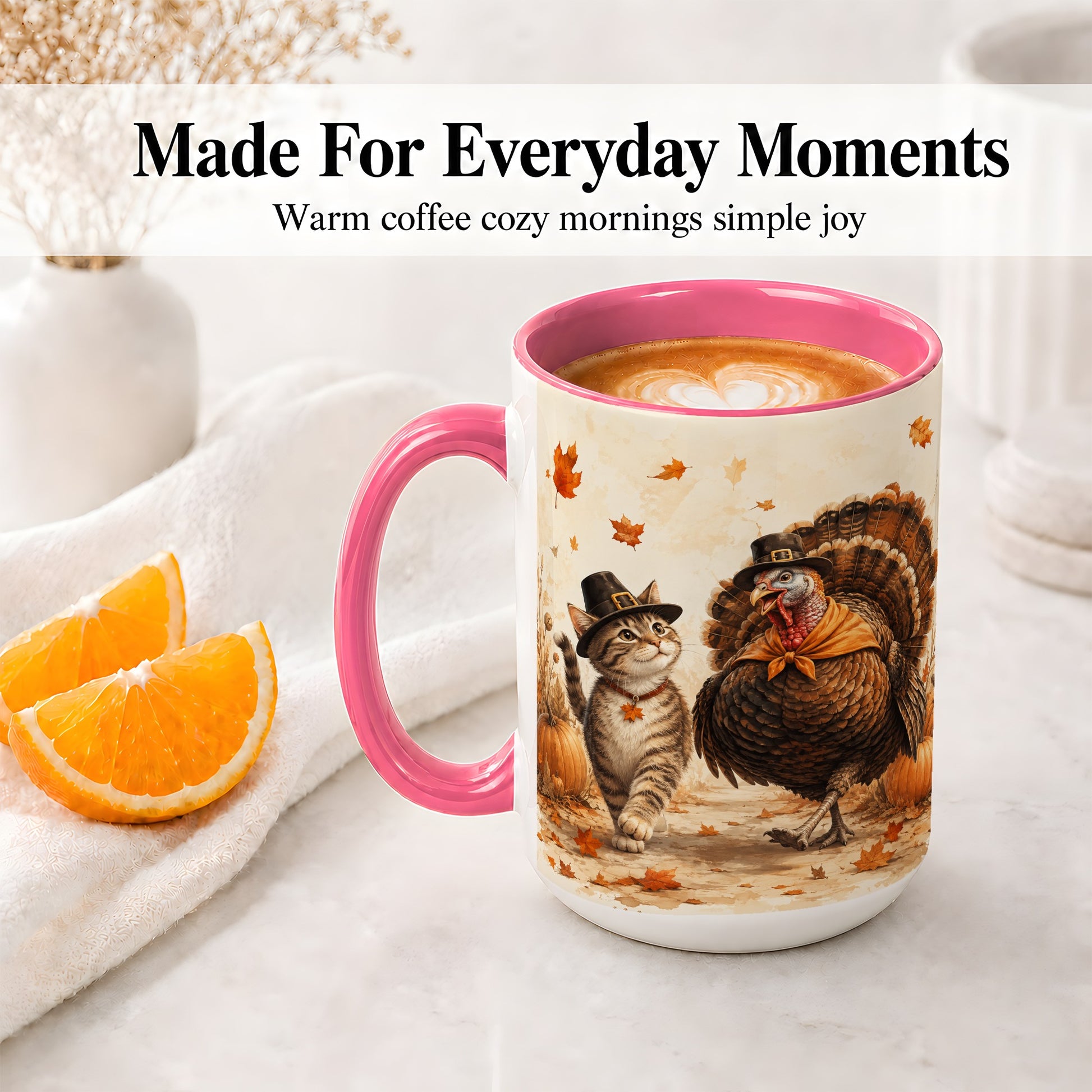 #pl[15oz|Pink] Thanksgiving Cat and Turkey Accent Mug, Mug with Pilgrim Hats