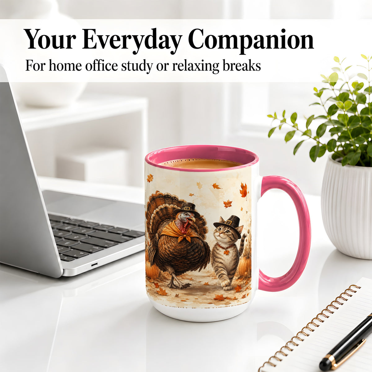 #pl[15oz|Pink] Thanksgiving Cat and Turkey Accent Mug, Mug with Pilgrim Hats
