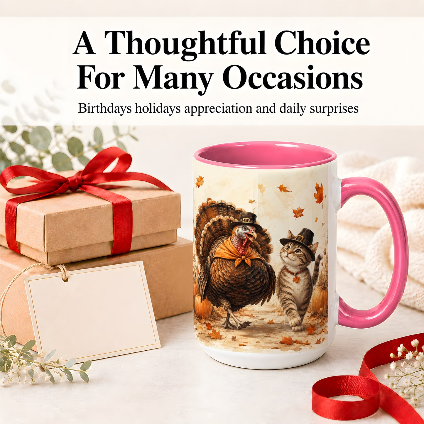 #pl[15oz|Pink] Thanksgiving Cat and Turkey Accent Mug, Mug with Pilgrim Hats
