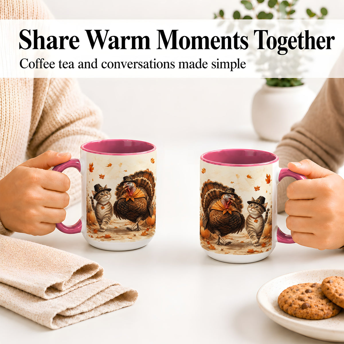 #pl[15oz|Pink] Thanksgiving Cat and Turkey Accent Mug, Mug with Pilgrim Hats