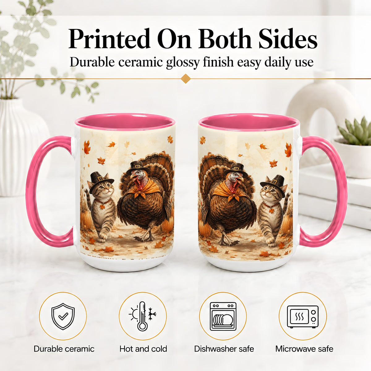 #pl[15oz|Pink] Thanksgiving Cat and Turkey Accent Mug, Mug with Pilgrim Hats