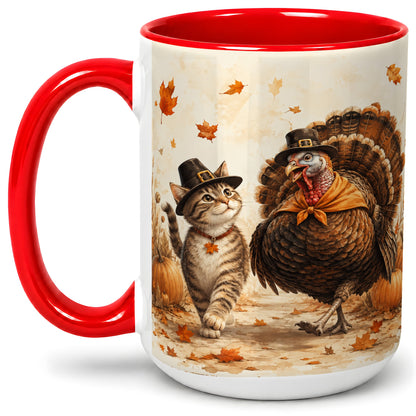 #pl[15oz|Red] Thanksgiving Cat and Turkey Accent Mug, Mug with Pilgrim Hats