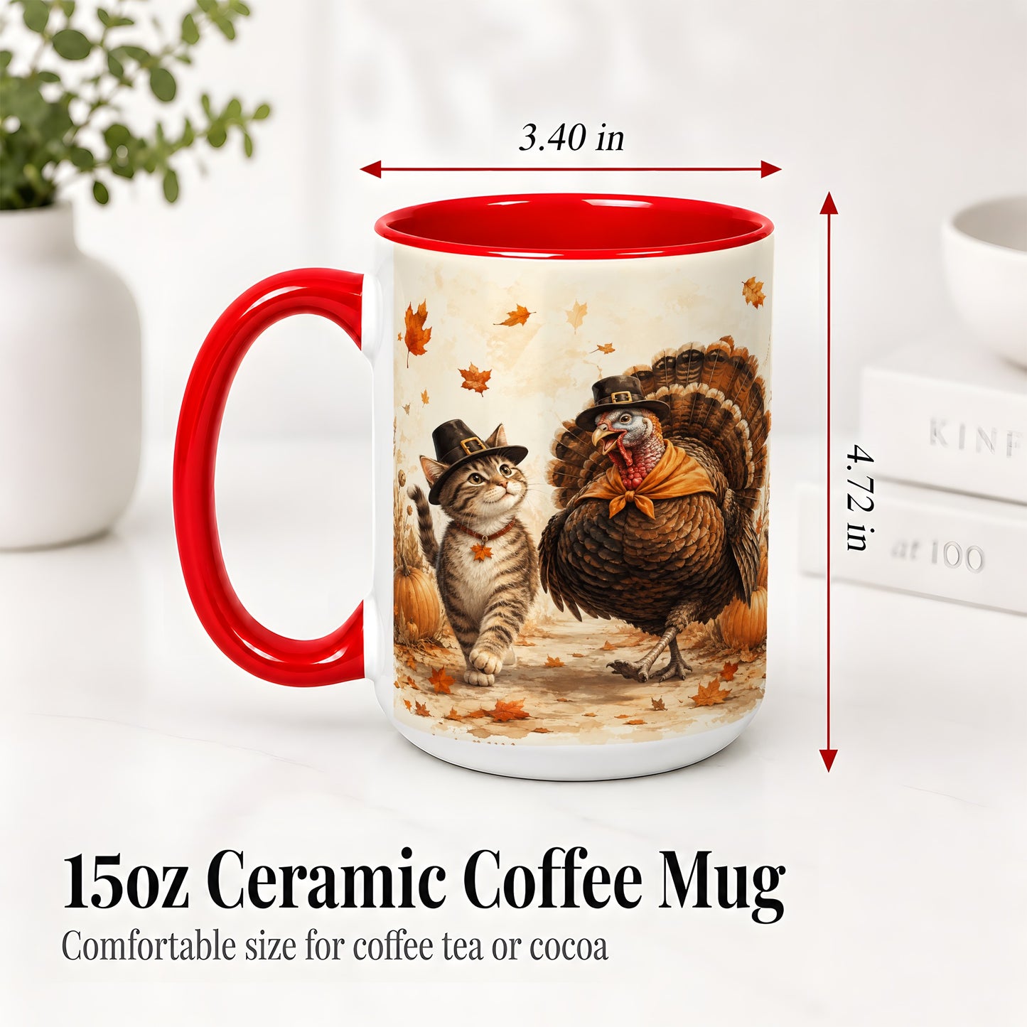 #pl[15oz|Red] Thanksgiving Cat and Turkey Accent Mug, Mug with Pilgrim Hats