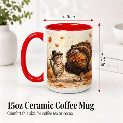 #pl[15oz|Red] Thanksgiving Cat and Turkey Accent Mug, Mug with Pilgrim Hats